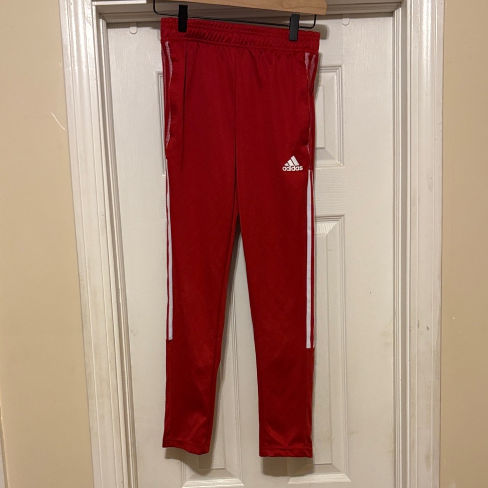 Adidas Kids Red Joggers with White Stripes